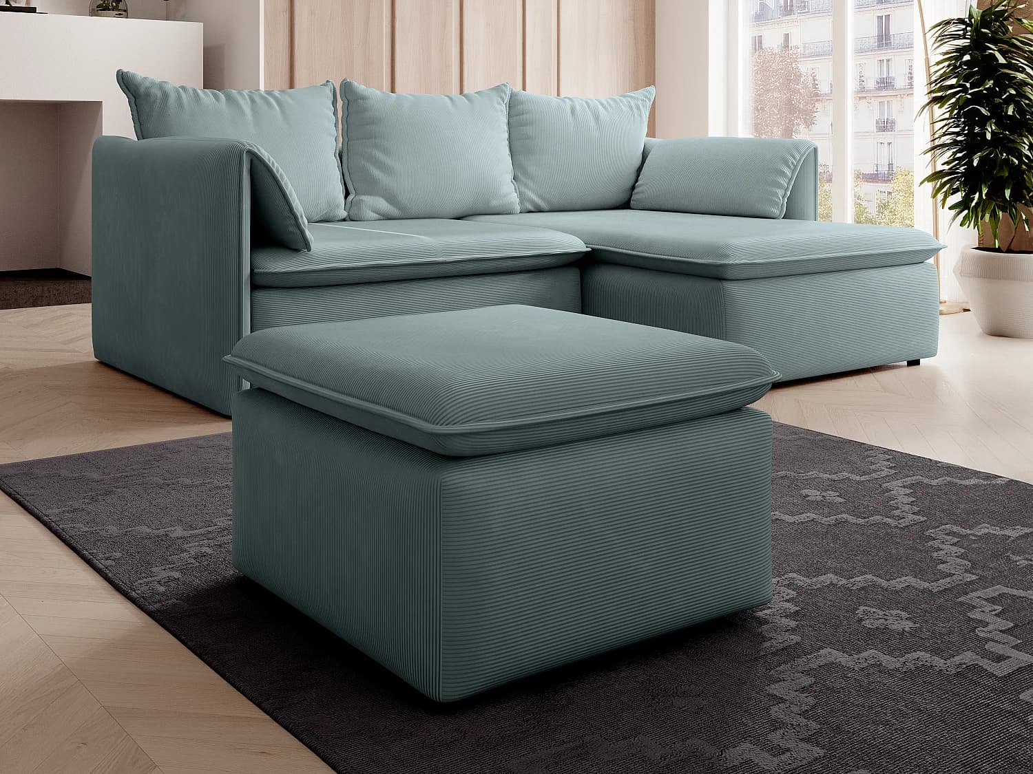 Pouf en velours côtelé fines côtes bleu TEODORA