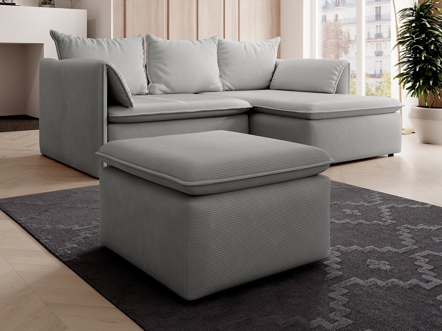 Pouf en velours côtelé fines côtes gris clair TEODORA