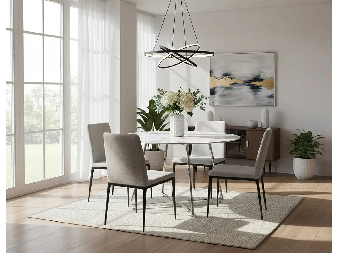 Table à manger ronde HELOISE Chrome - Plateau Marbré Blanc D120 cm