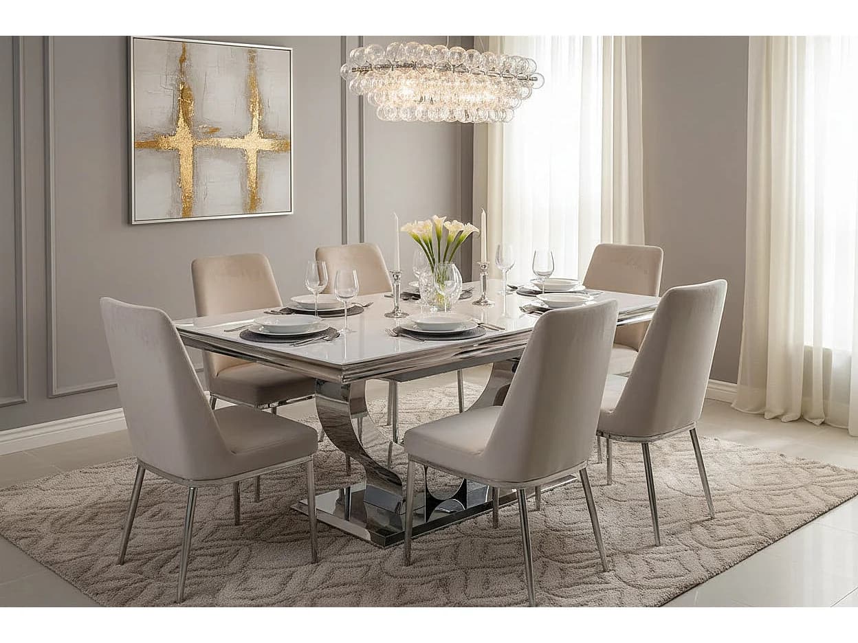 Table à manger plateau en verre blanc 150x90 cm TROFY