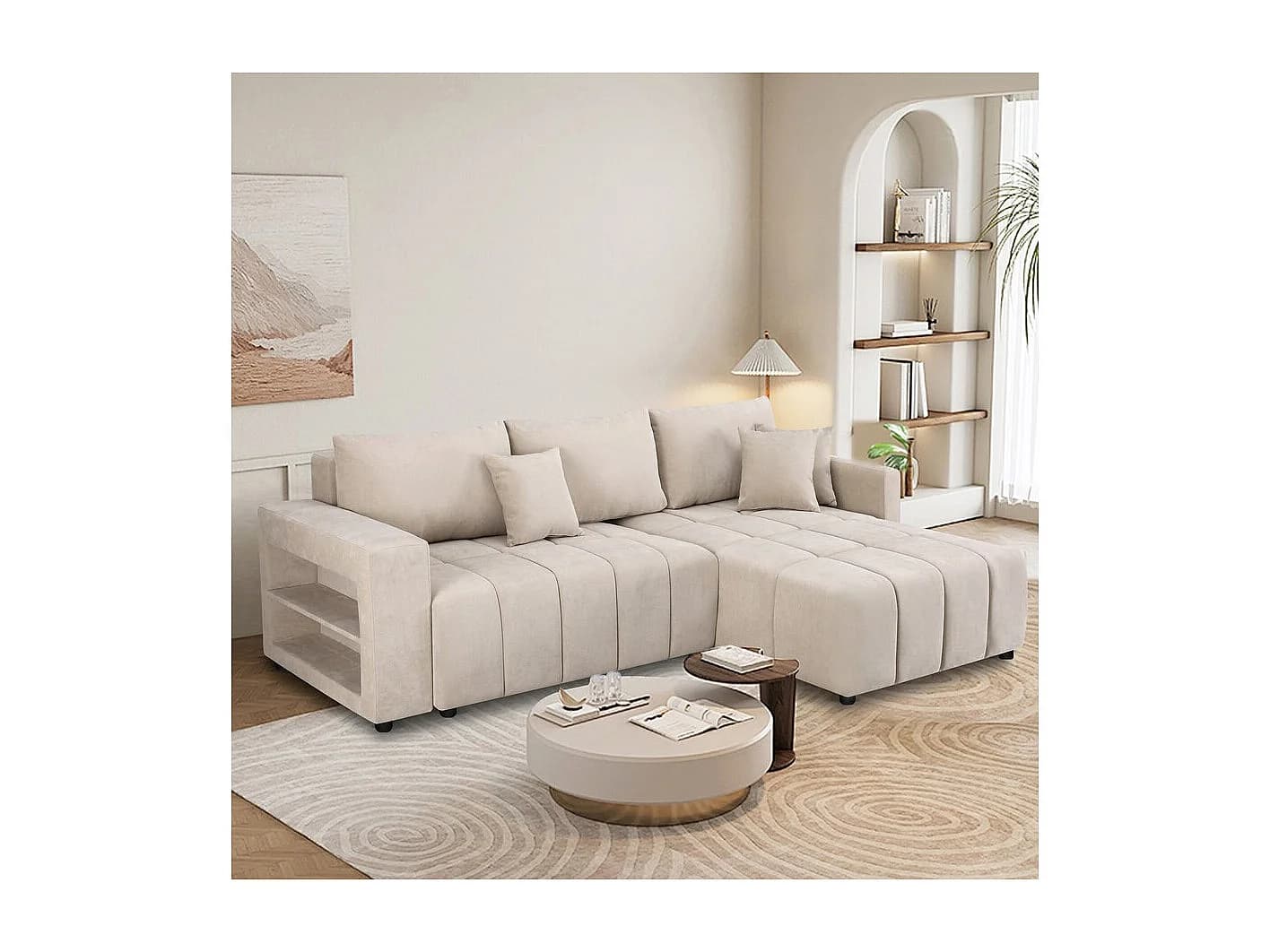 Canapé d'angle convertible tissu chenille 3 places - "Trocadero" - Beige