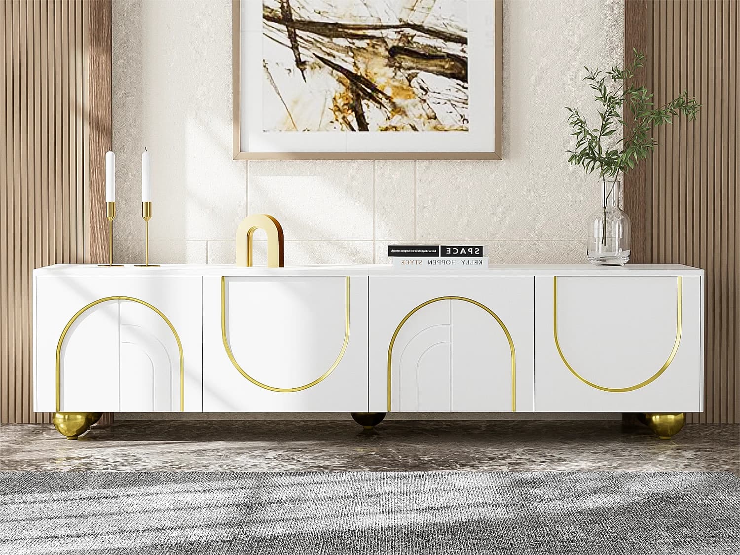 Meuble TV moderne - avec étagères réglables - en panneaux de particules - Blanc & Doré