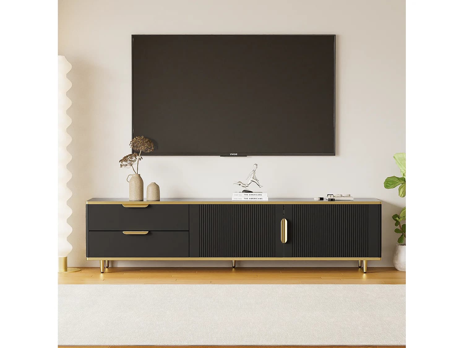 Meuble TV avec 2 portes et 2 tiroirs - 175x37x45cm - bois MDF - poignées et pieds dorés - plateau à motif marbre - noir