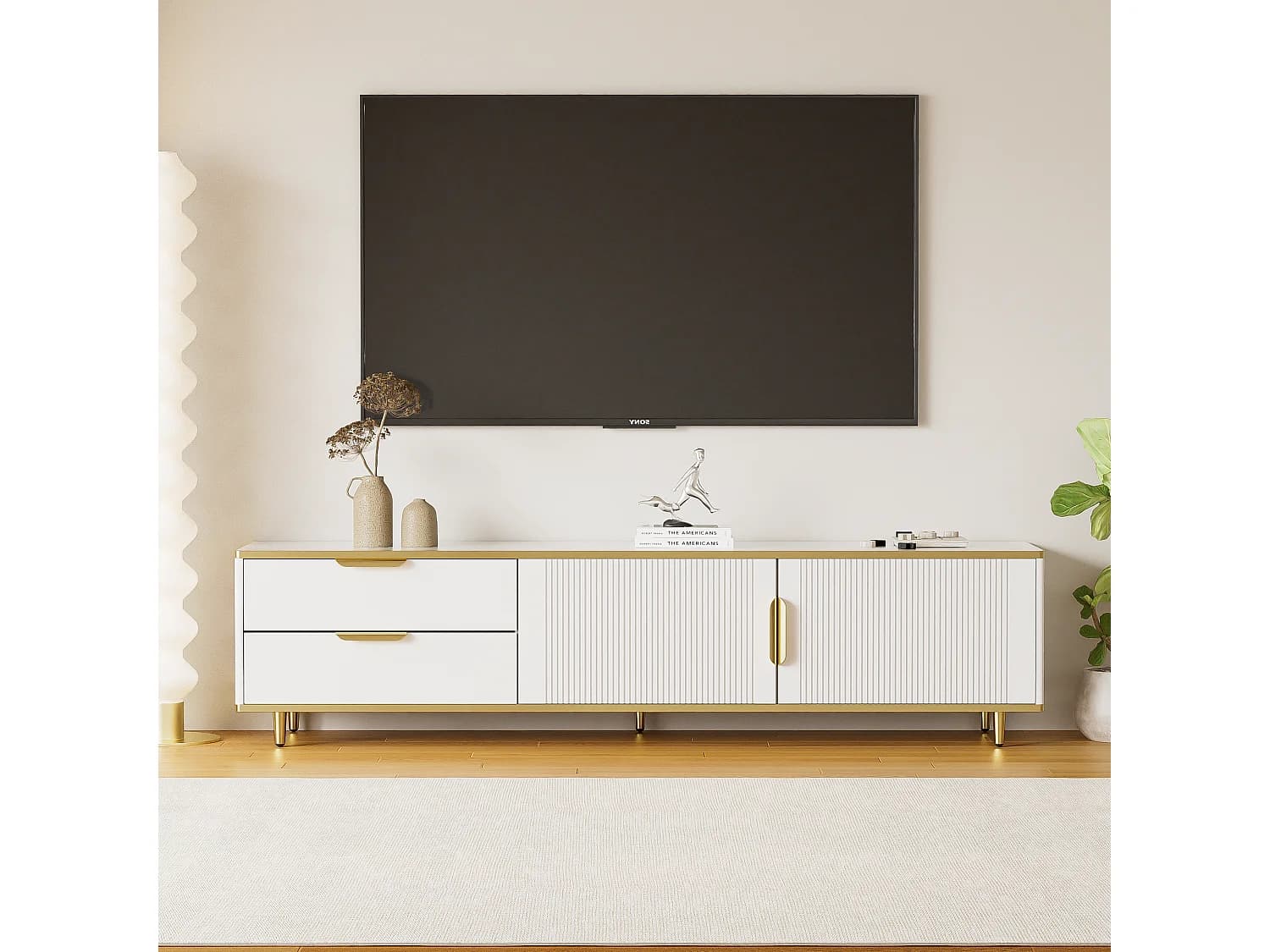 Meuble TV avec 2 portes et 2 tiroirs - 175x37x45cm - bois MDF - poignées et pieds dorés - plateau à motif marbre - blanc