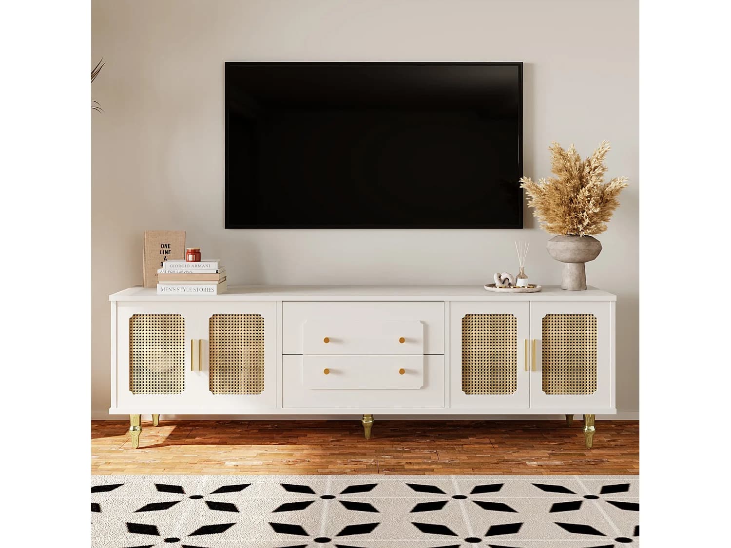 Meuble TV avec 4 portes en rotin et 2 tiroirs - 175x38x55,5cm - Panneaux de particules - Poignées et pièds dorées - blanc