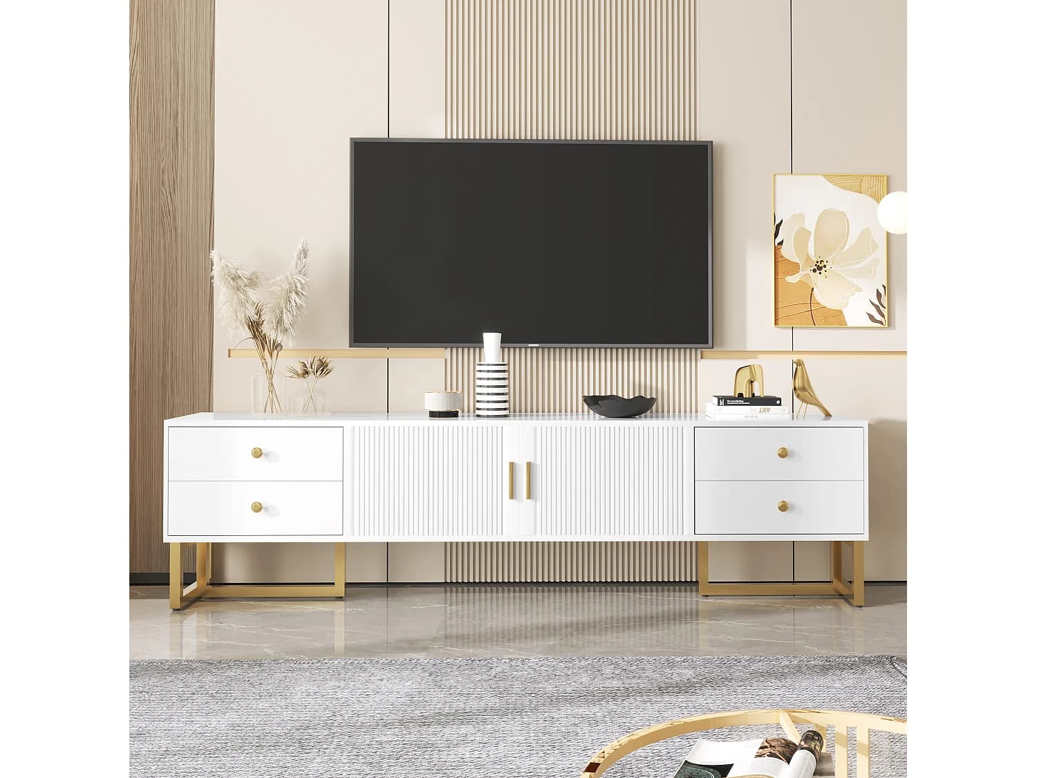 Meuble TV avec 2 portes et 4 tiroirs - 175 x 30 x 46 cm - bois MDF, pièds et poignées en métal doré - blanc