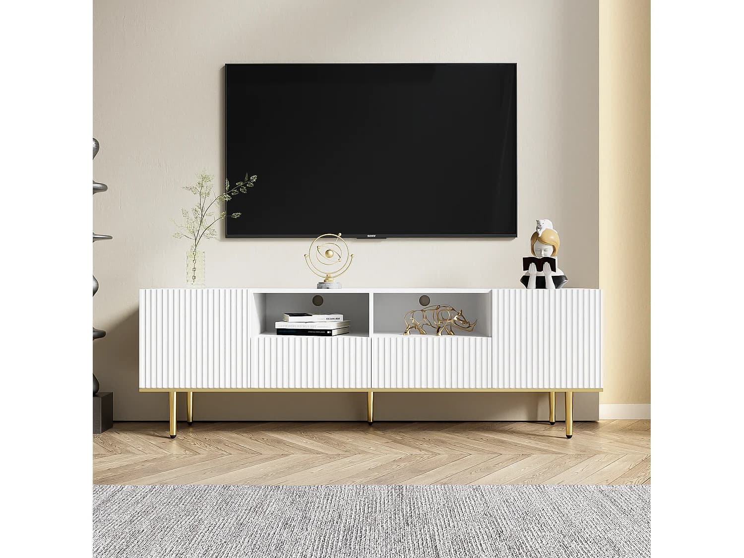 Meuble TV avec 2 tiroirs, 2 portes et 2 niches - 165x36x55cm - motif à rayures verticales - Panneaux de particules - blanc