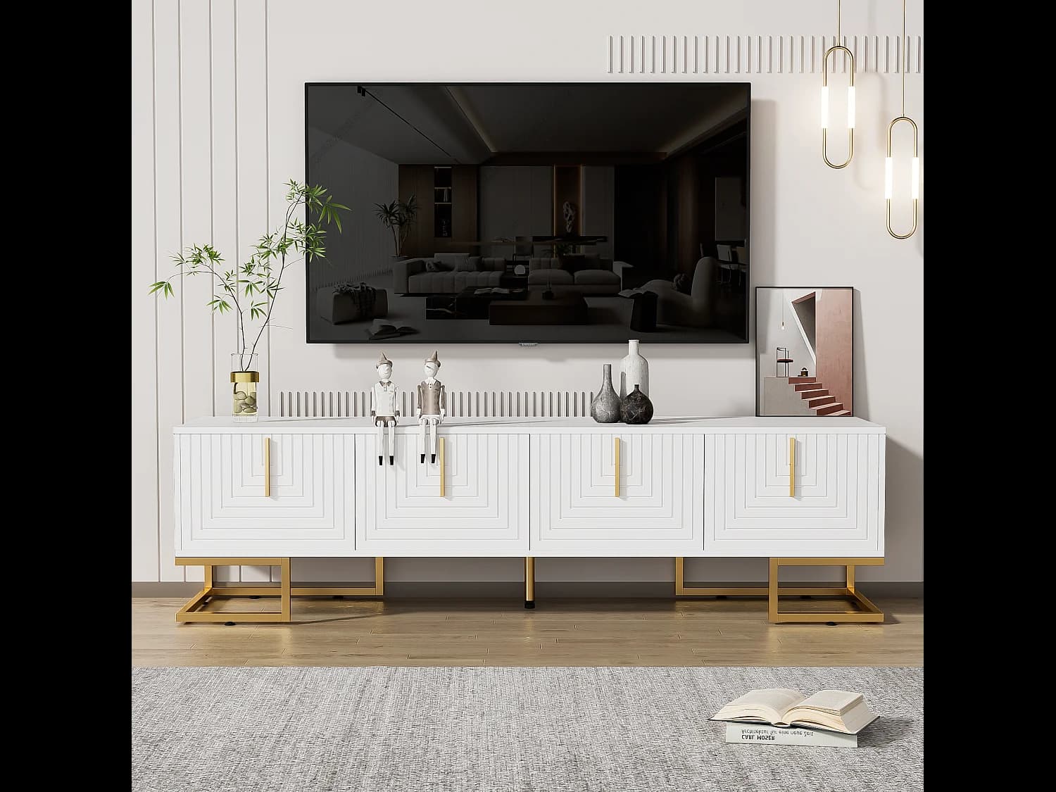 Meuble TV avec 4 portes structurée - 170x40x45,5 cm - Poignées dorées et pieds dorés - Panneaux de particules - Blanc