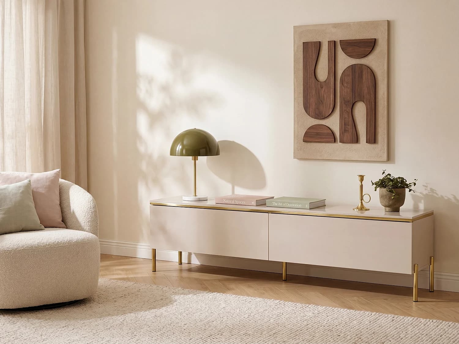 Meuble TV avec 2 portes - Beige et doré - VUKIA