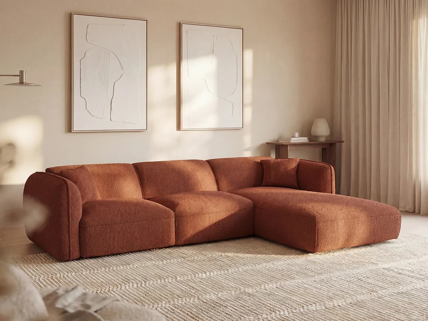 Canapé d'angle droit en tissu chenille terracotta CAMILIO de Maison Céphy