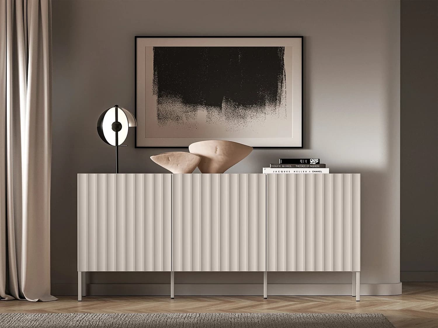 Commode à trois portes avec façades cannelées - 170 cm - beige clair - DERRIVA