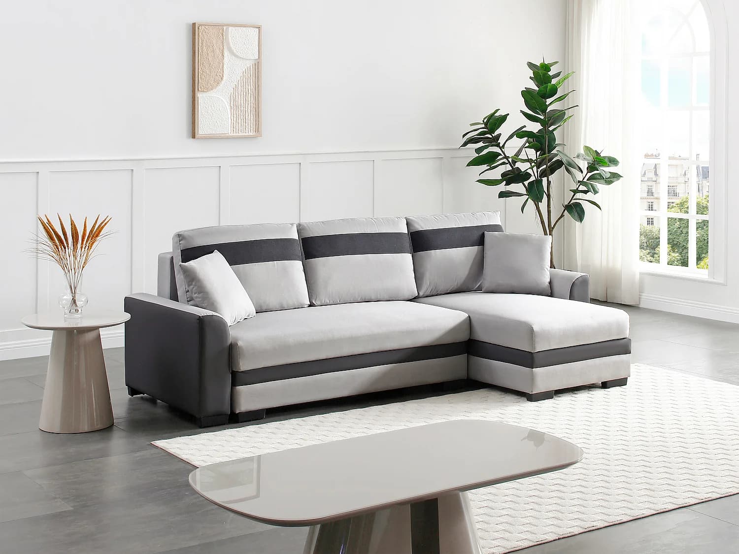 Canapé d'angle réversible et convertible en tissu et simili gris clair GIANY II