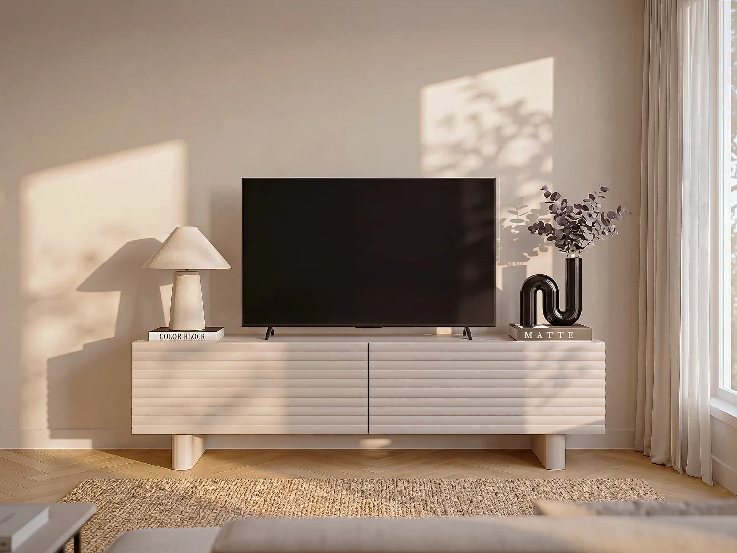 Meuble TV avec 2 portes en MDF - 150 cm - Beige - LUDIMA