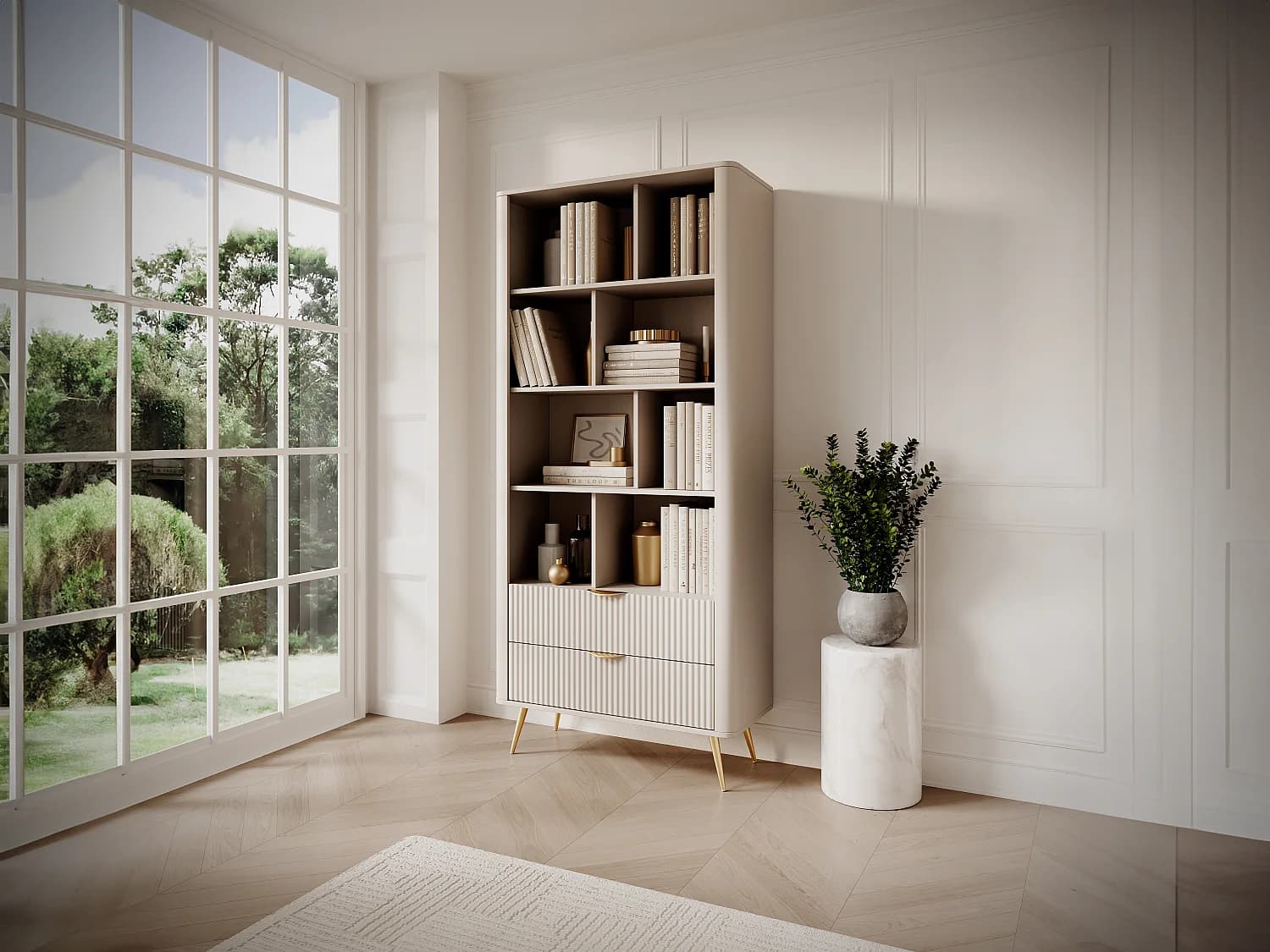 Bibliothèque avec 2 tiroirs et 8 niches en MDF - Beige et doré - ELONARIA II
