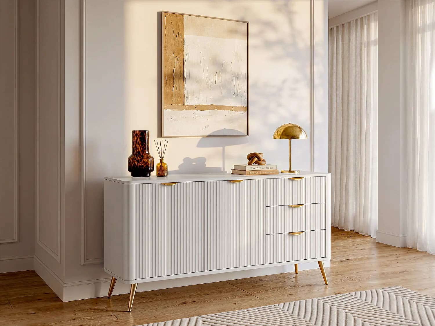 Buffet 2 portes et 3 tiroirs en MDF - Beige et doré - ELONARIA II