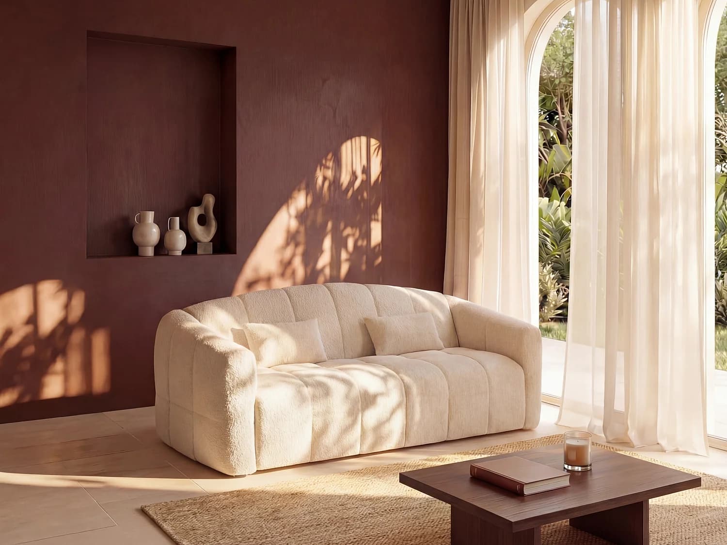 Canapé 4 places convertible express en tissu bouclette beige - Couchage 160 cm - Matelas 13 cm RETUNA II