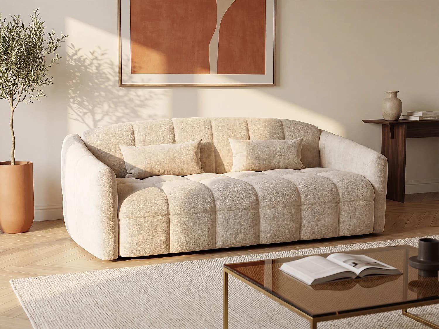Canapé 3 places convertible express en velours beige - Couchage 140 cm - Matelas 13 cm RETUNA