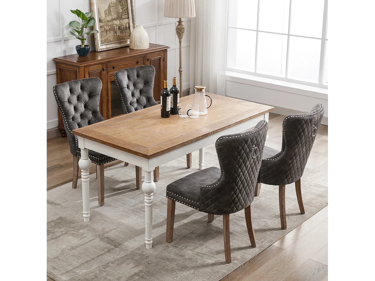 Lot de 4 Chaises de salle à manger - Siège en velours - Pièds en bois massif - Désign luxe - Gris
