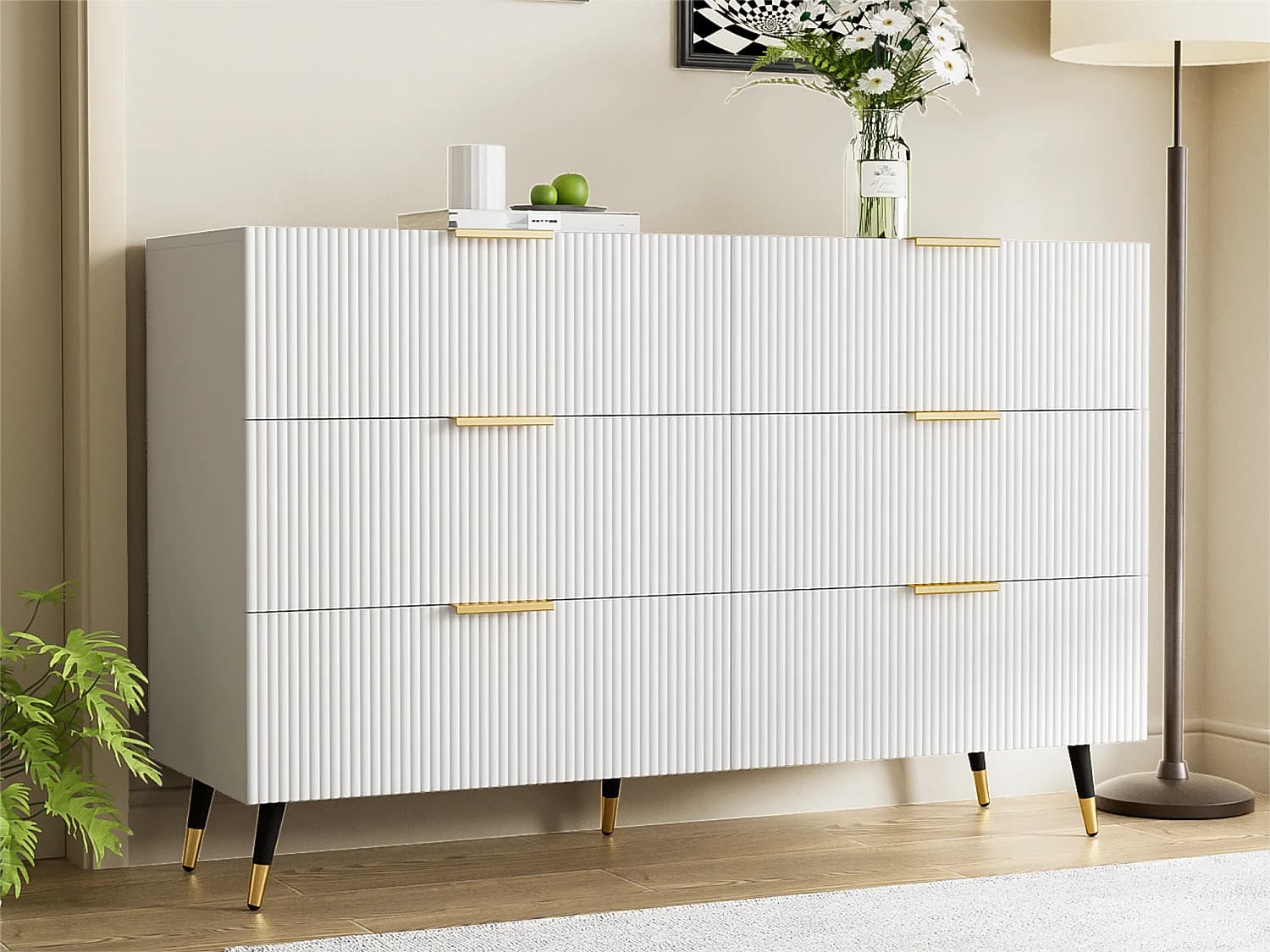 Buffet、Commode moderne - 6 tiroirs - panneaux de particules - Blanc