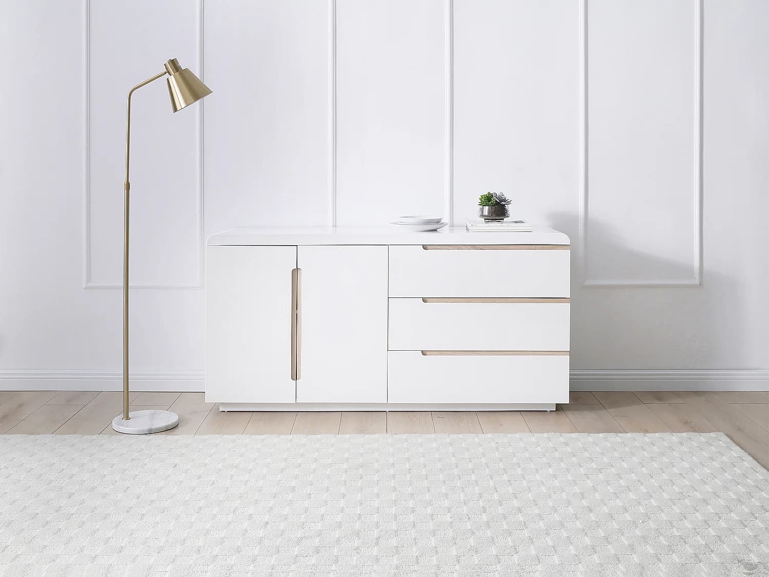 Buffet avec 2 portes et 3 tiroirs - Blanc et naturel - NURINI