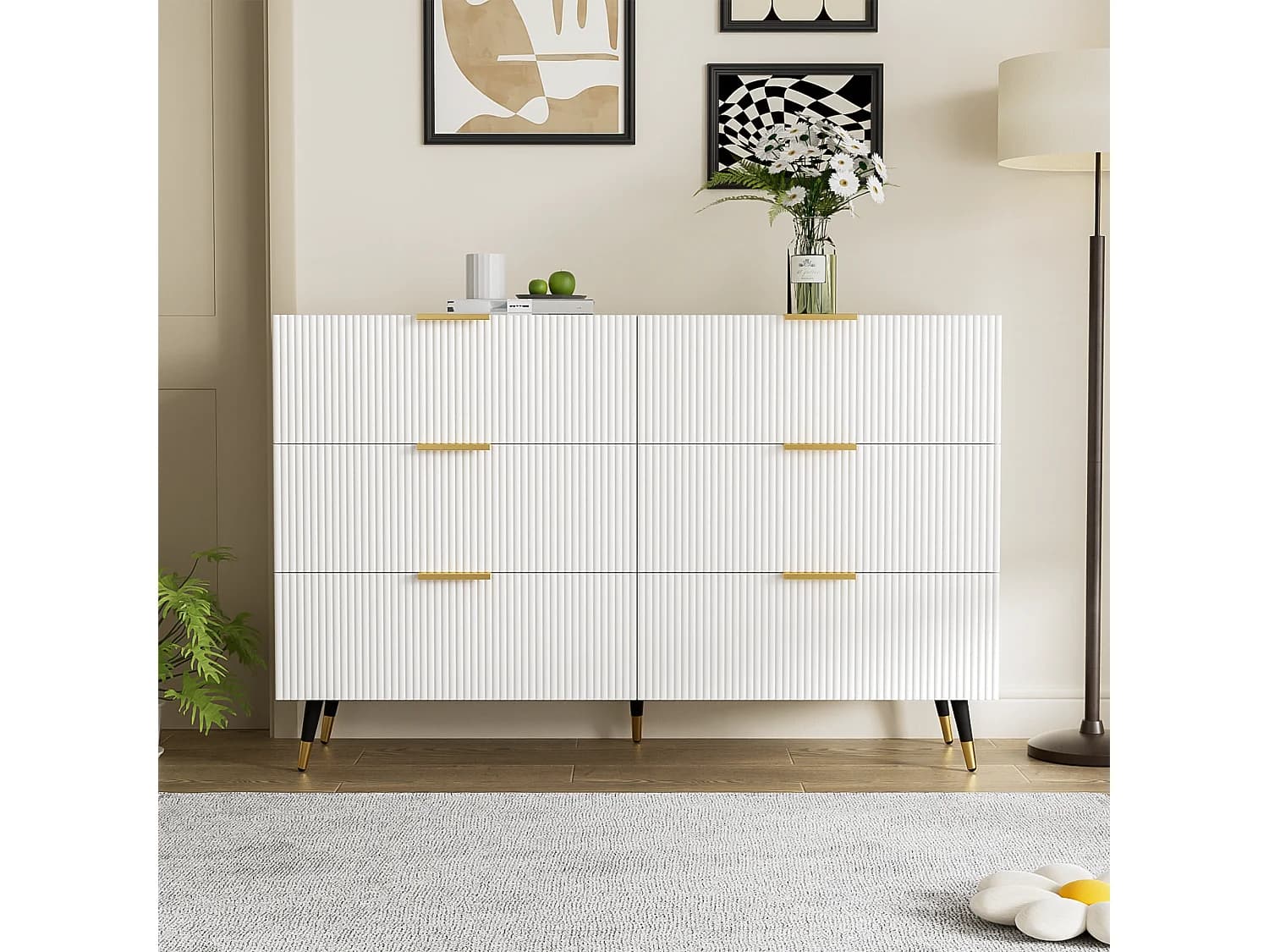 Buffet, commode avec 6 tiroirs - 120 x 40 x 77 cm - Panneaux de particules - Poignées et pièds dorés - Blanc