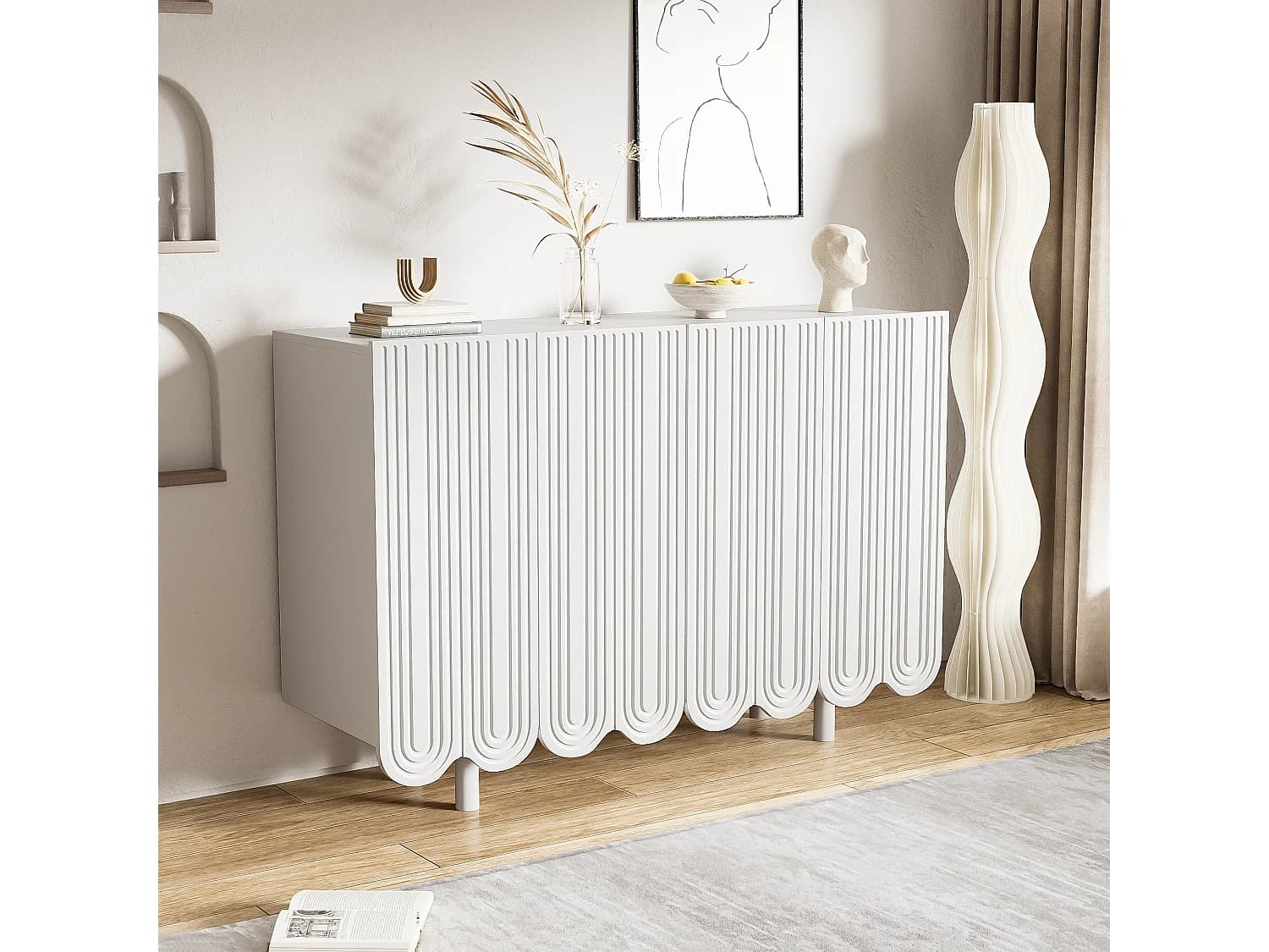 Buffet avec 4 portes profilées - 120 x 37.5 x 80.8 cm - Panneaux de particules - Forme de larme - Blanc