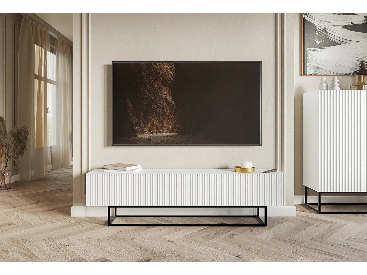 Meuble TV sur pieds noir - 175 cm - blanc - VELDIO