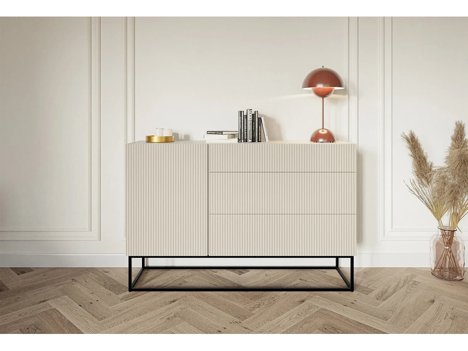Buffet 1 porte - 140 cm - grège avec pieds noirs - VELDIO