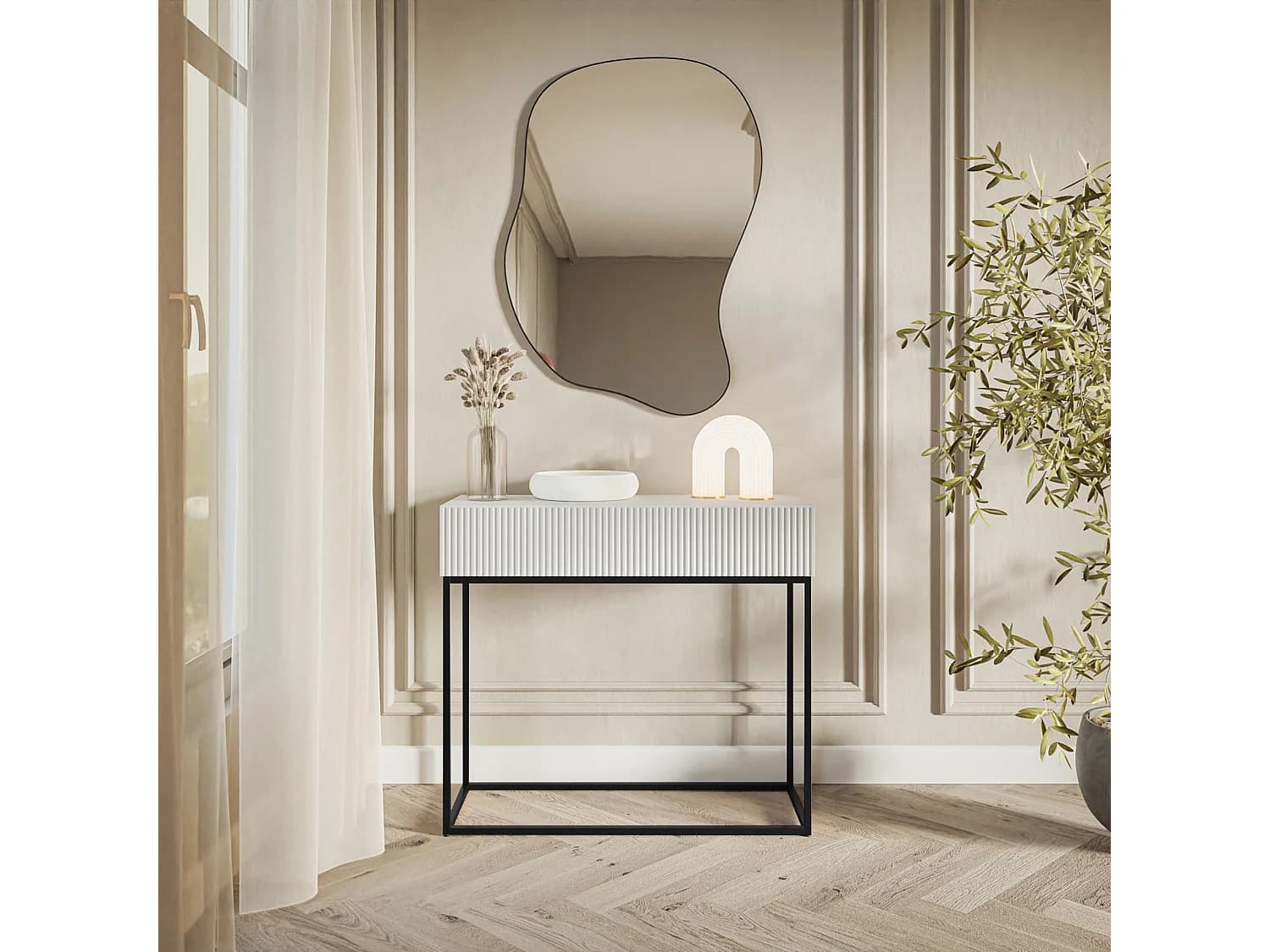 Table console avec tiroir - debout - 90 cm - blanc - avec pieds noirs - VELDIO