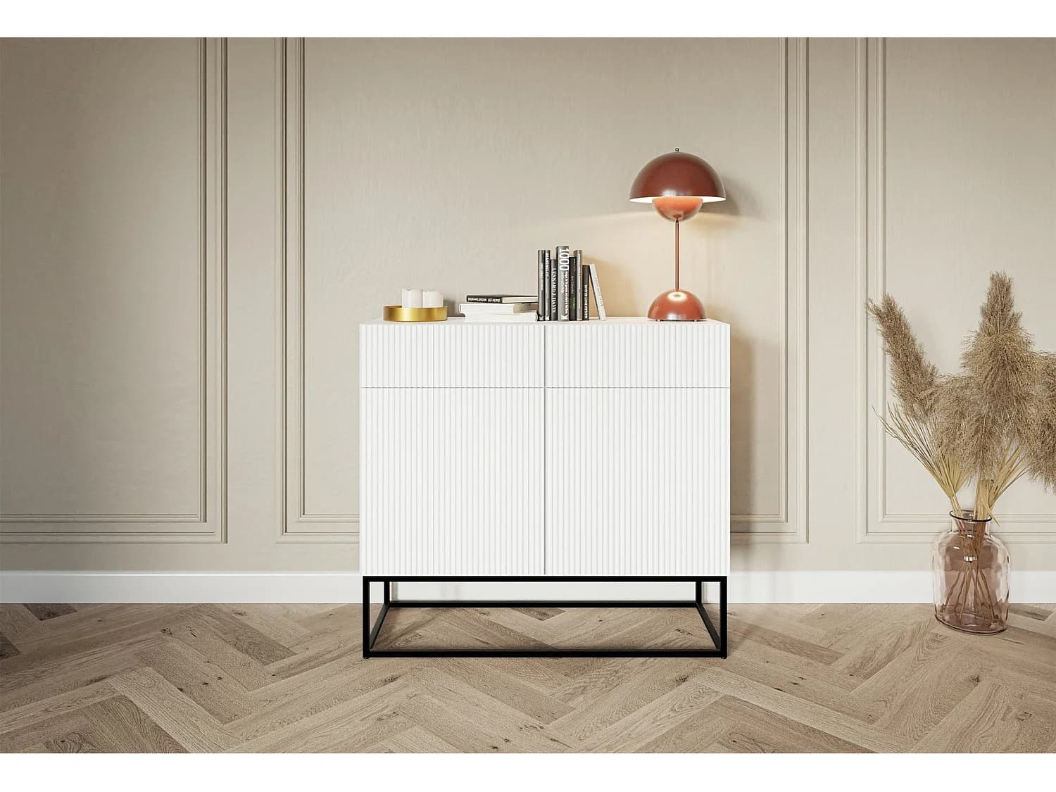 Buffet 2 portes - 100 cm blanc avec pieds noirs - VELDIO