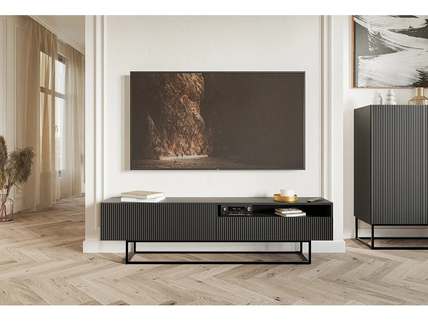 Meuble TV avec niche sur pieds noir - 175 cm - noir - VELDIO