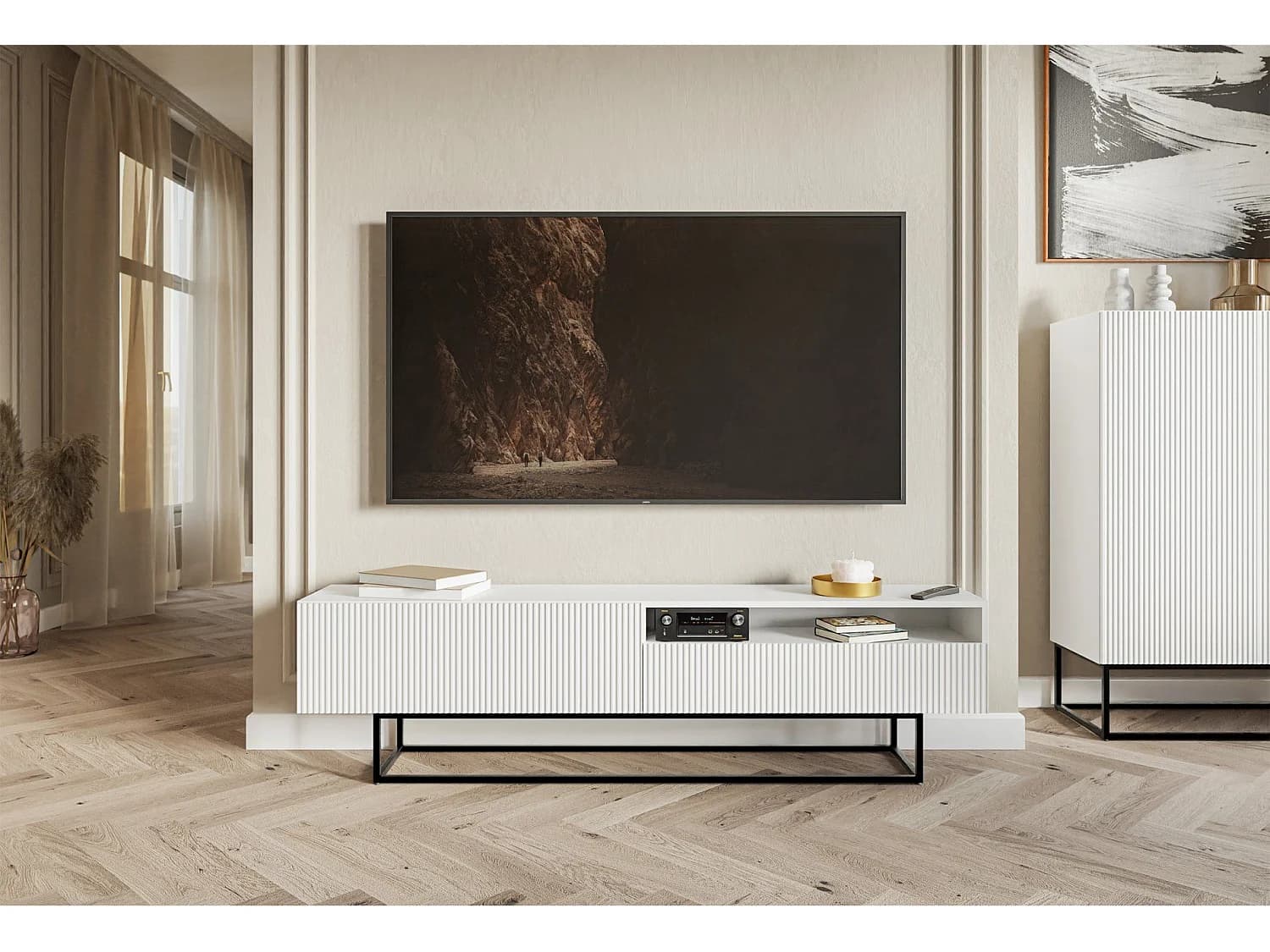 Meuble TV avec niche sur pieds noir - 175 cm - blanc - VELDIO