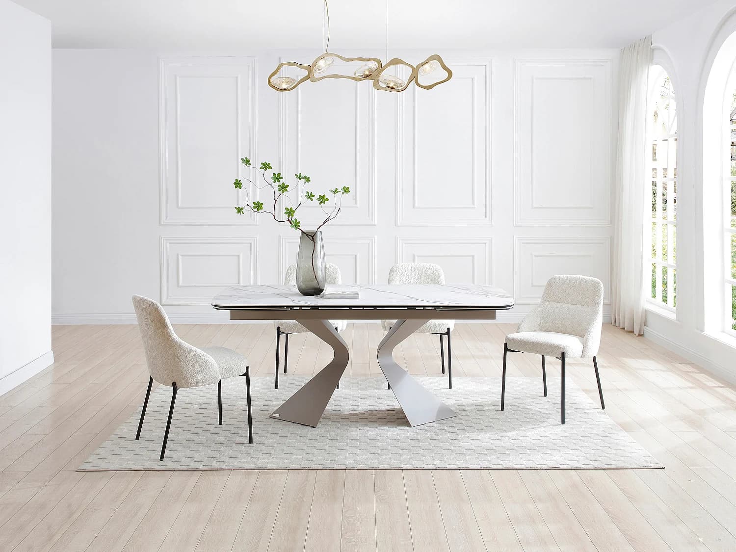 Table à manger extensible 6 à 10 personnes céramique, verre trempé et métal taupe - Effet marbre blanc - KAJARI de Maison Céphy