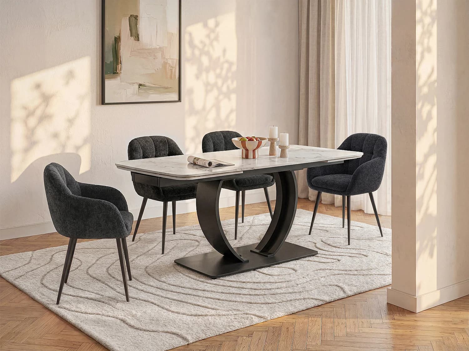 Table à manger extensible 6 à 10 personnes en céramique et métal noir - Effet marbre blanc - OLIFIA de Maison Céphy