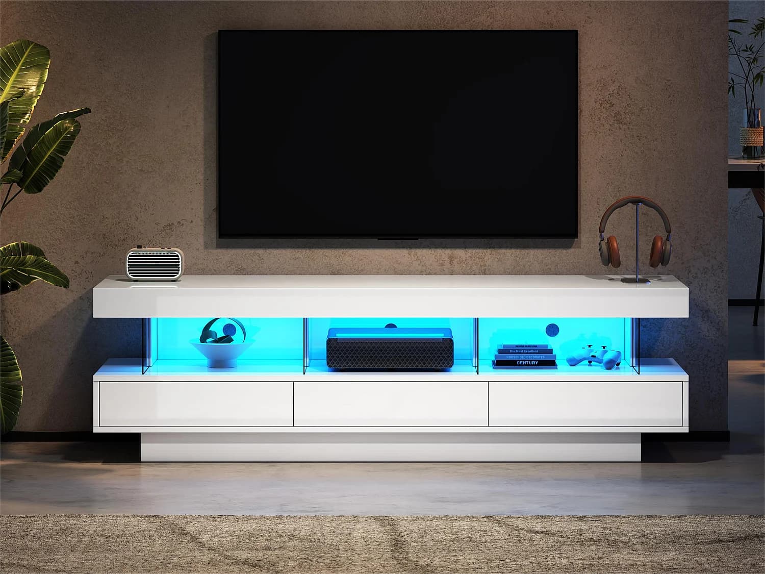 Meuble TV 160cm avec LED - 3 compartiments en verre - contrôlé par APP - adapté pour TV 70" - Blanc