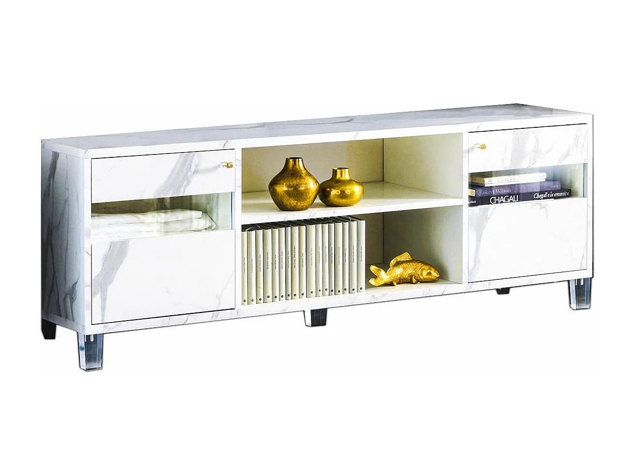 Meuble TV bois blanc effet marbre vernis Botela 120cm