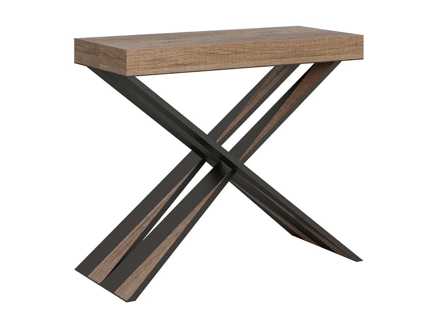 Console extensible design bois et pieds croisés acier anthracite Diago 90x40-196 ou 90x40-300-Couleur Naturel-Support 2 pieds-5 rallonges épaisses