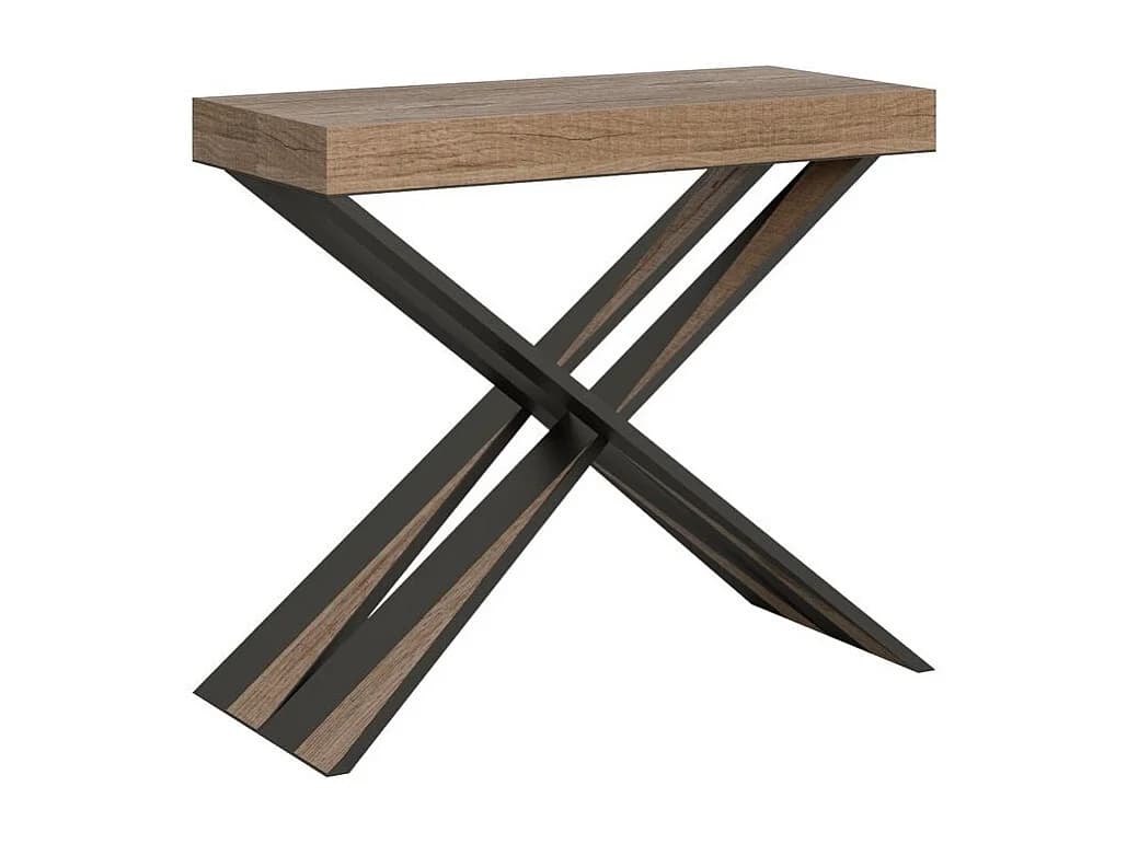 Console extensible design bois et pieds croisés acier anthracite Diago 90x40-196 ou 90x40-300-Couleur Naturel-Support 4 pieds-5 rallonges épaisses