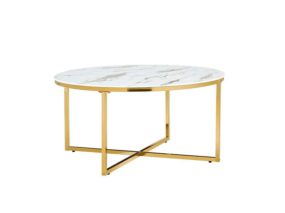 Table Basse LORIE Ronde Plateau Verre Trempé Marbré Blanc Structure Métal Gold D90x45cm
