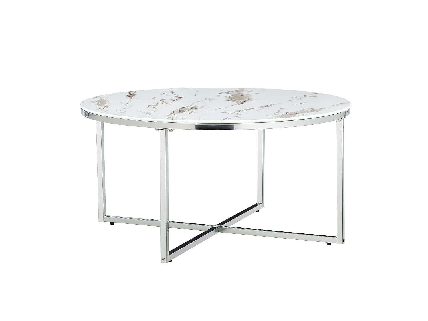 Table Basse LORIE Ronde Plateau Verre Trempé Marbré Blanc Structure Métal Chrome D90x45cm