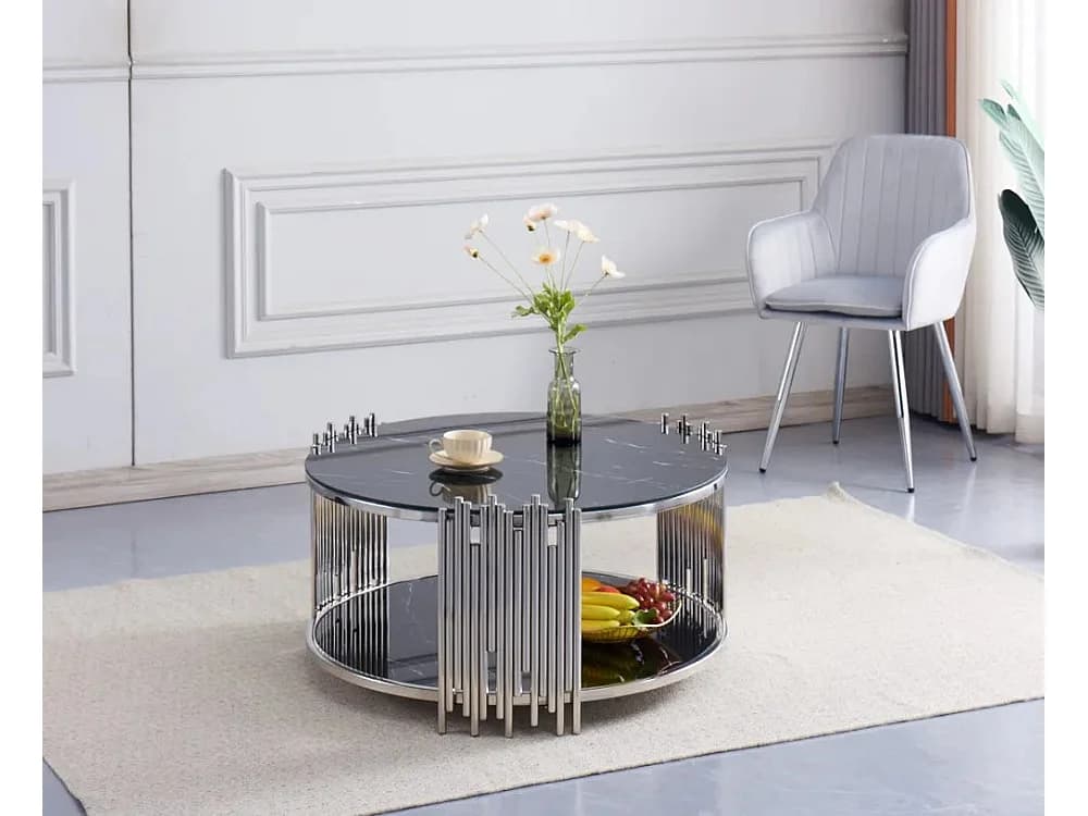 Table Basse ronde STICK Chrome et plateau en verre NOIR D90 H45 cm