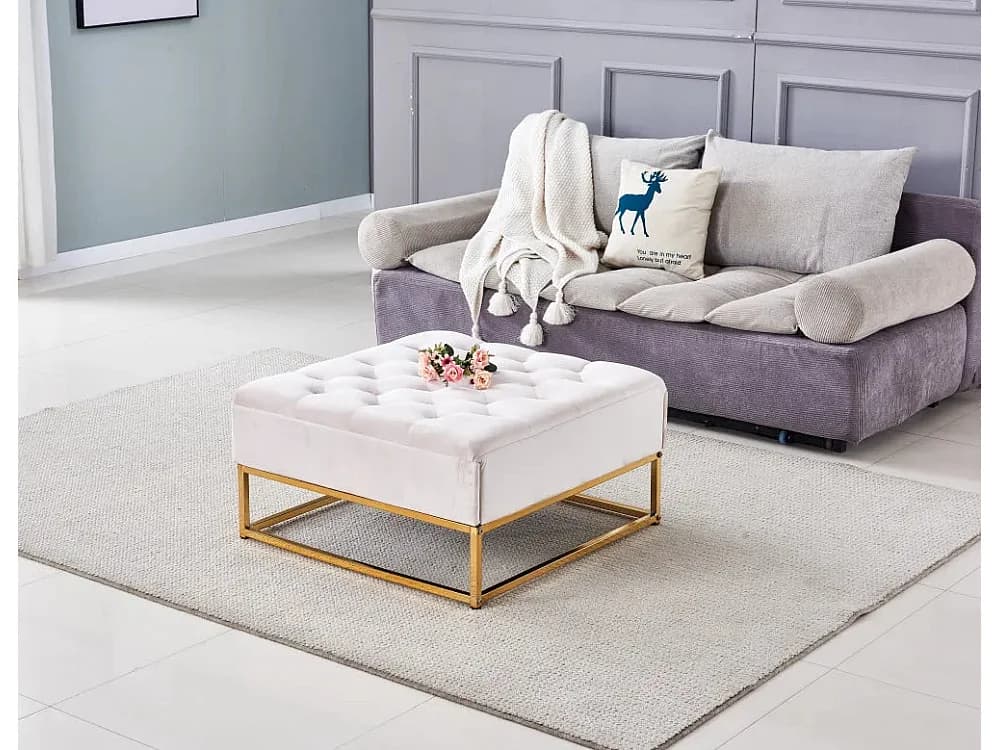 Table basse pouf velours écru 80x80 cm - CAPITONNE