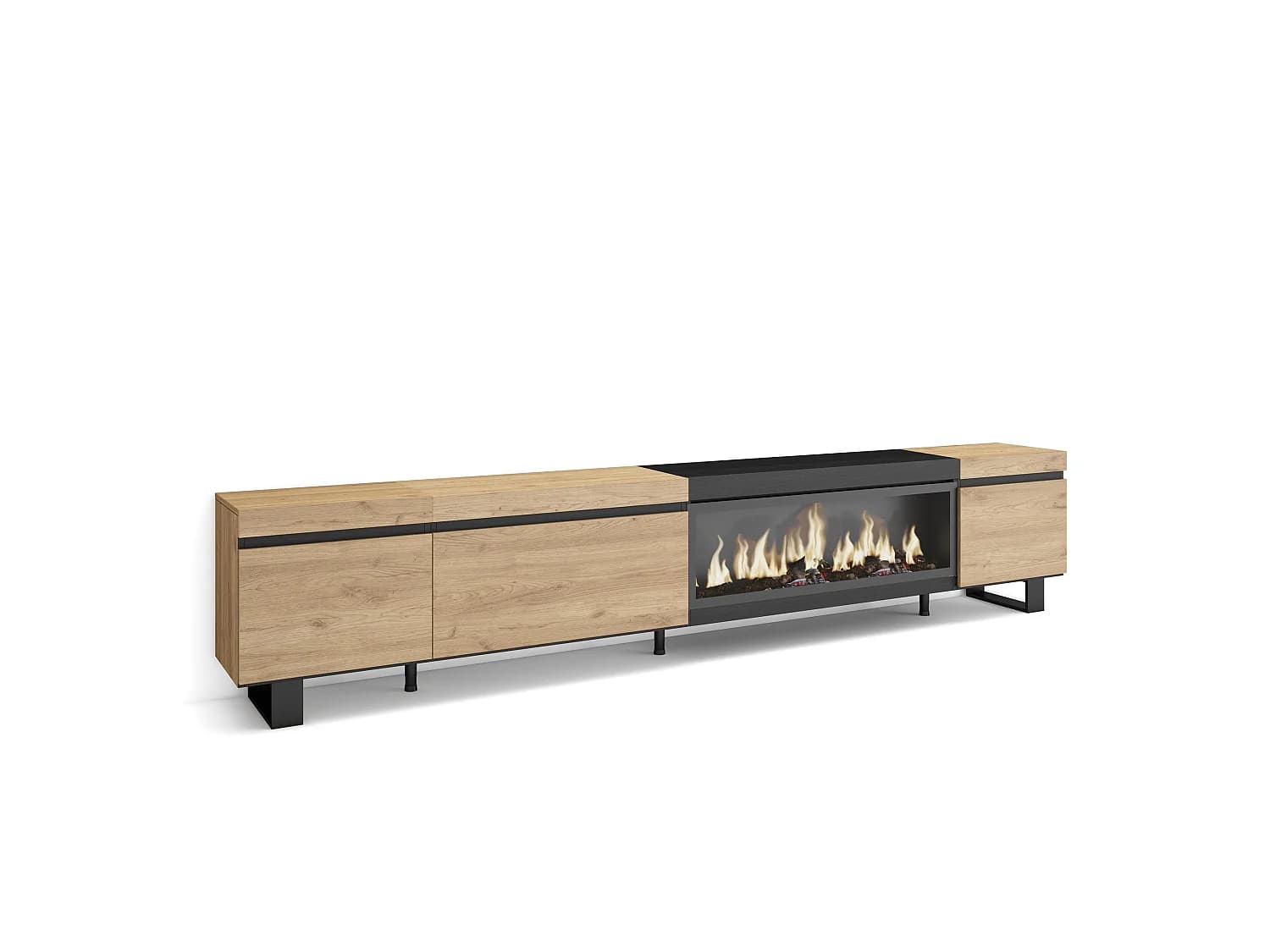 Meuble TV, Banc Télé, 288x35x57cm, TV grand format, Cheminée électrique XXL, Design industriel, Chêne et noir