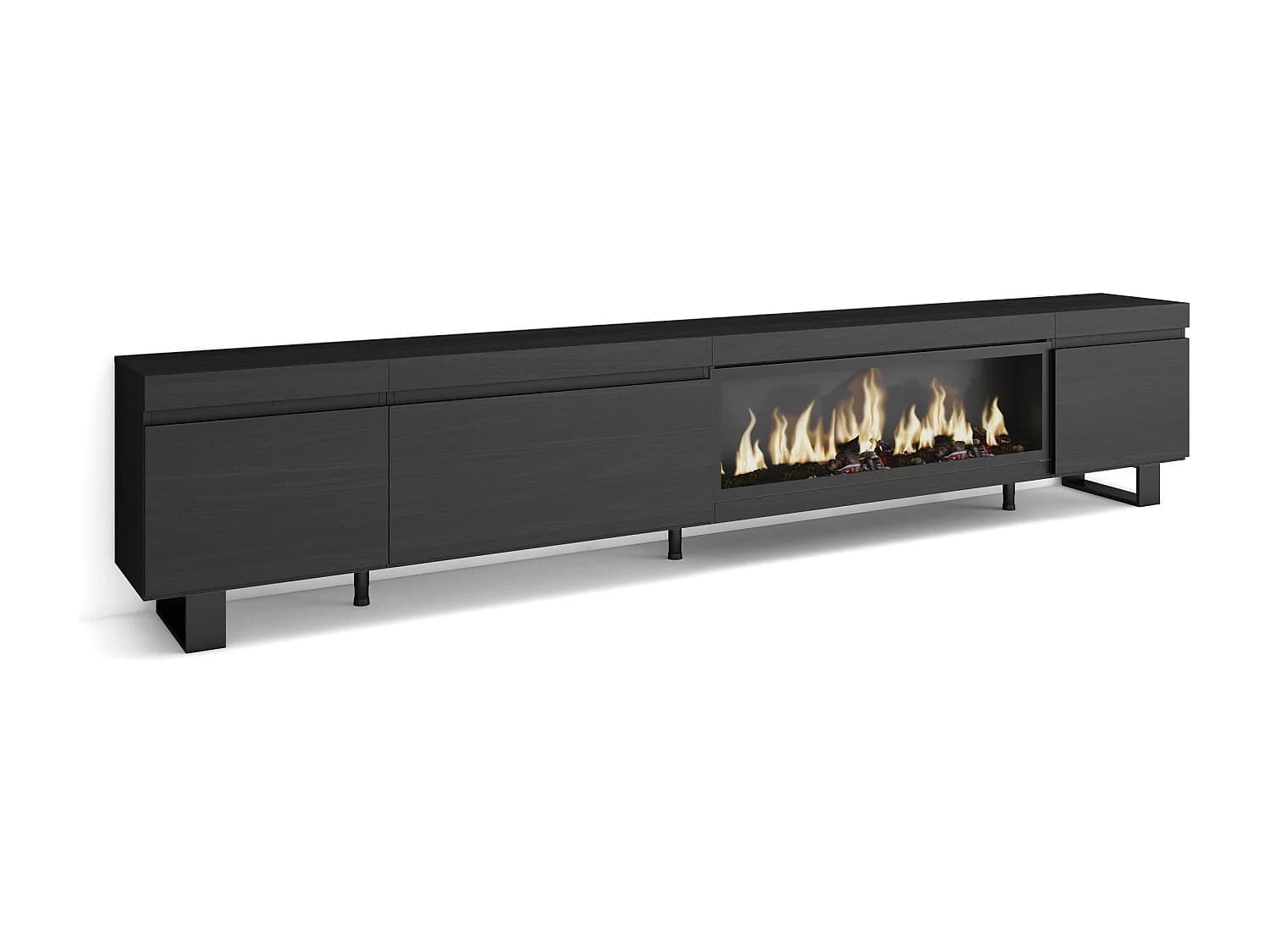 Meuble TV, Banc Télé, 288x35x57cm, TV grand format, Cheminée électrique XXL, Design industriel, Noir