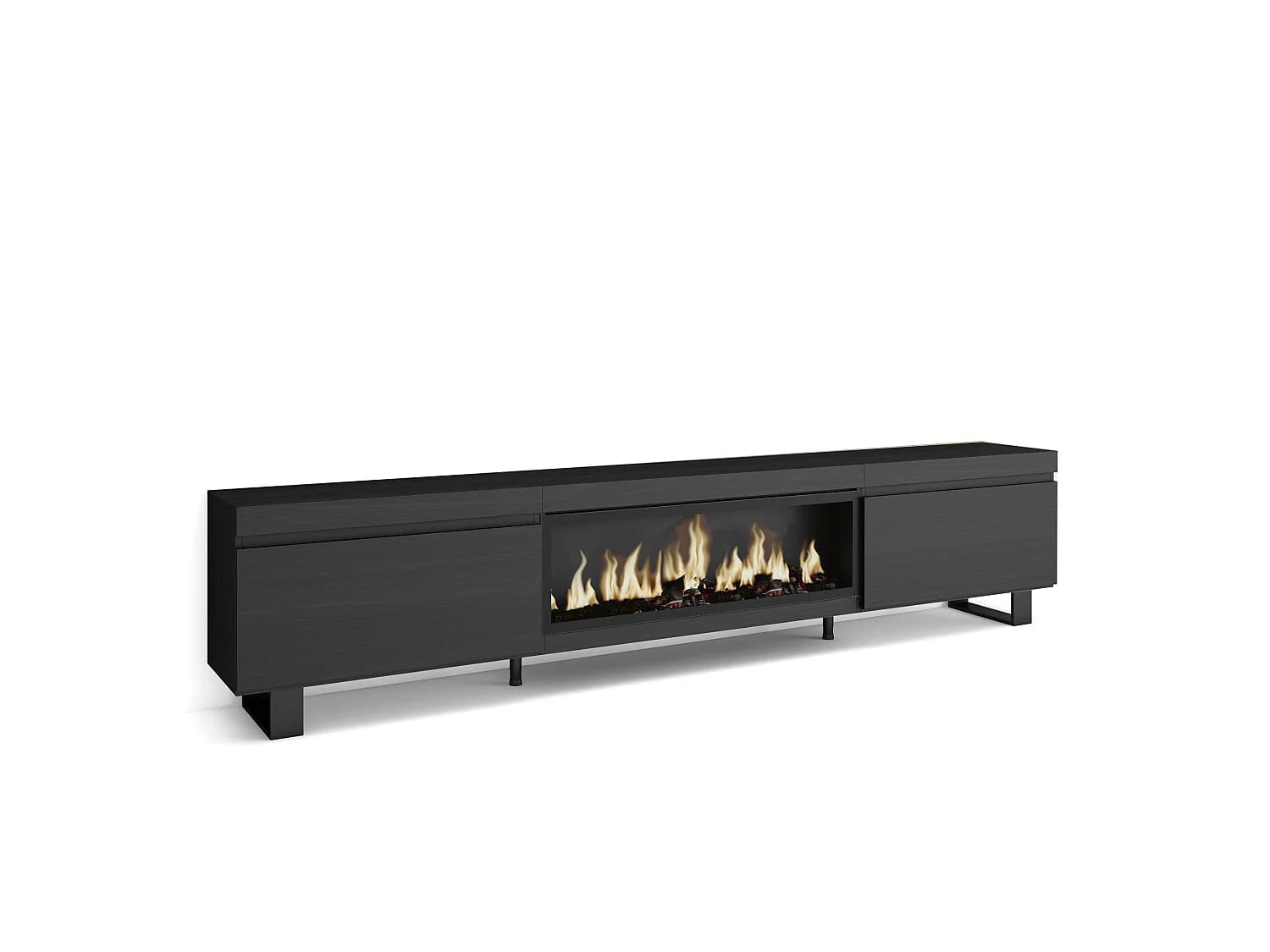 Meuble TV, Banc Télé, 267x35x57cm, TV grand format, Cheminée électrique XXL, Design industriel, Noir