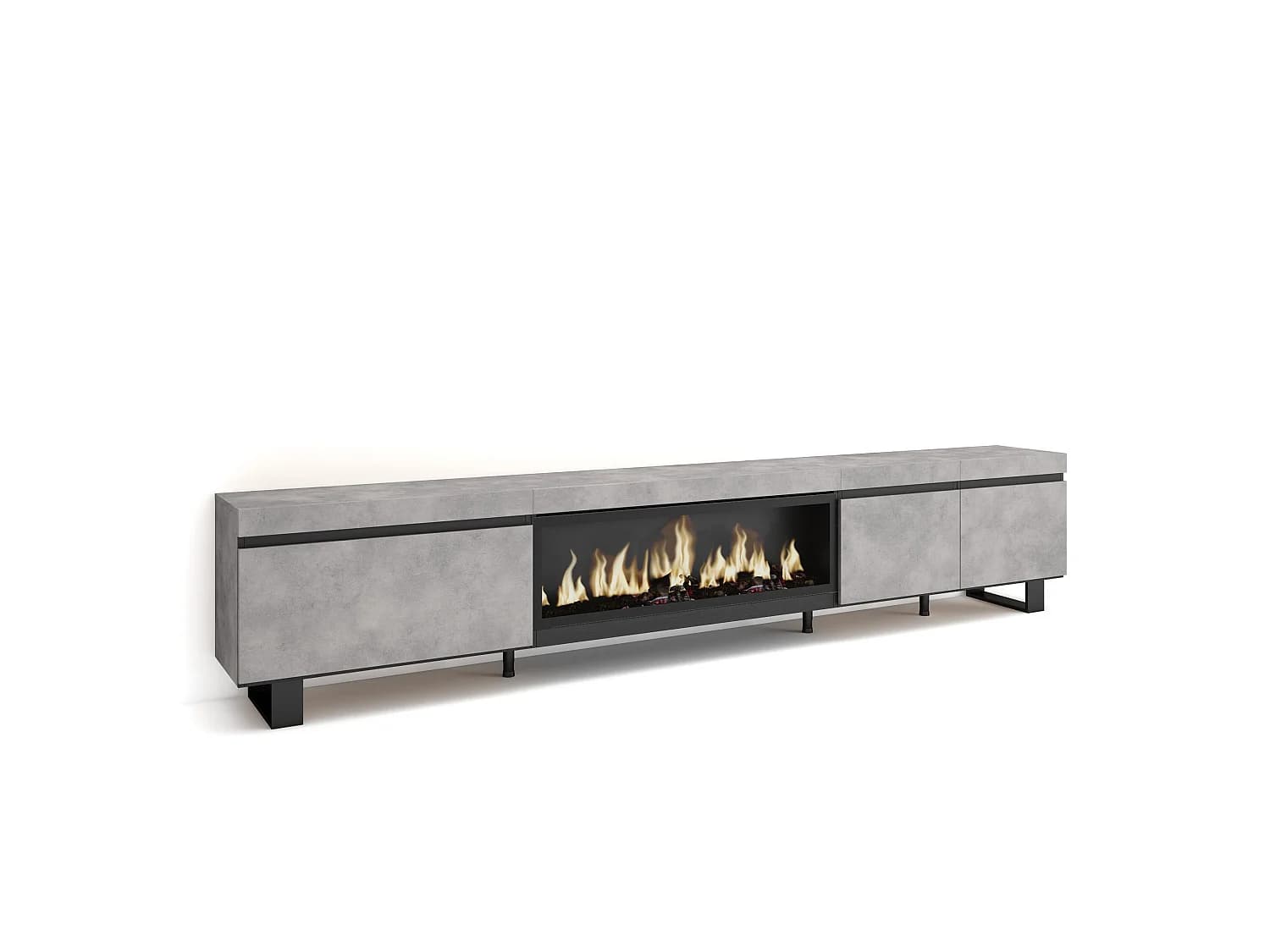 Meuble TV, Banc Télé, 288x35x57cm, TV grand format, Cheminée électrique XXL, Design industriel, Ciment