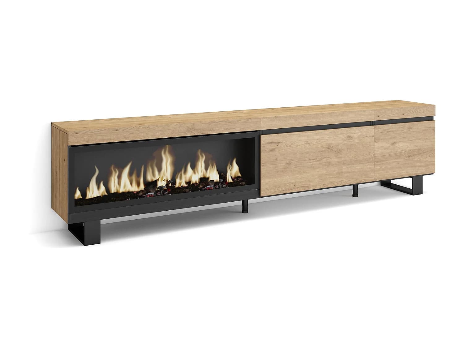 Meuble TV, Banc Télé, 237x35x57cm, TV grand format, Cheminée électrique XXL, Design industriel, Chêne