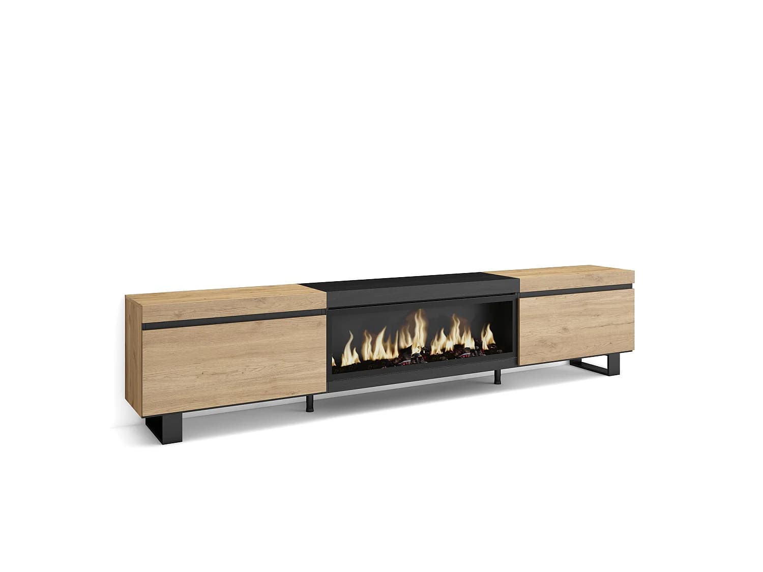 Meuble TV, Banc Télé, 267x35x57cm, TV grand format, Cheminée électrique XXL, Design industriel, Chêne et noir