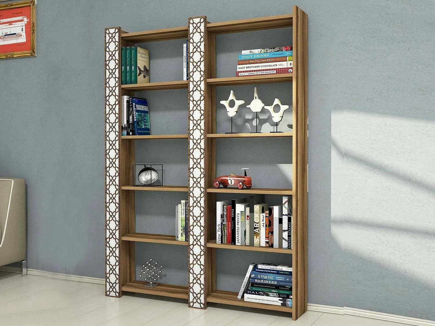 Bibliothèque Alula, Etagère de bureau, Porte-livre mobile, Librairie, 125x24h170 cm, Noyer et Blanc