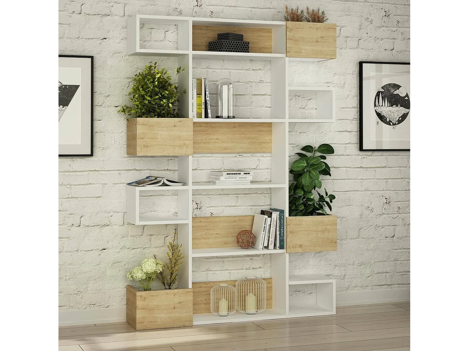 Bibliothèque Thetis, Etagère de bureau, Porte-livre mobile, Librairie, 120x25h171 cm, Blanc et chêne